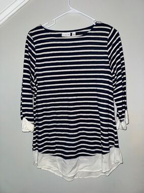 Kim Rogers Navy and White Striped Long-Sleeve Boatneck Top
